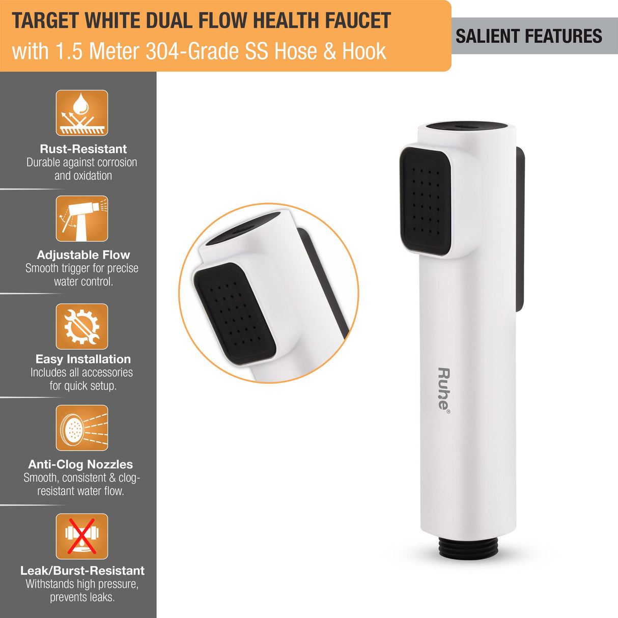 Target White Health Faucet with Dual Flow and 1.5 Meter 304-Grade SS Hose & Hook