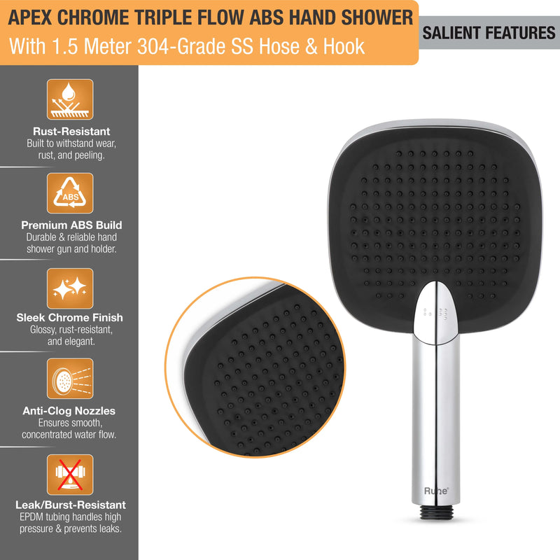 Apex Multiflow Hand Shower with 304-grade SS Hose & Hook