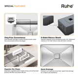 Special features of a sink, including clog-free convenience, 5-sided silence shield, organize the chaos, and quick drainage.