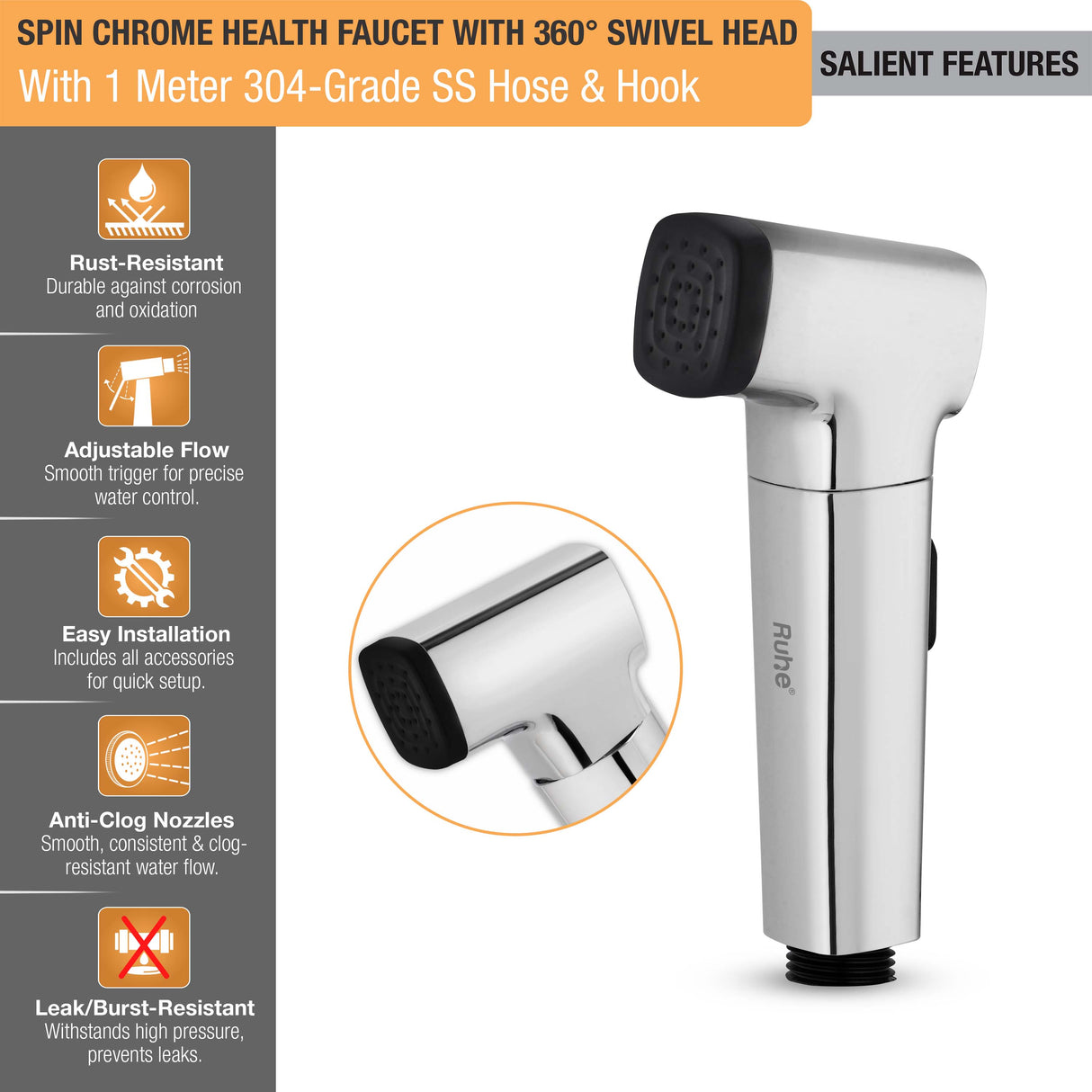 Spin Chrome Health Faucet with 360 ° Swivel Head and 1 Meter 304-Grade SS Hose & Hook