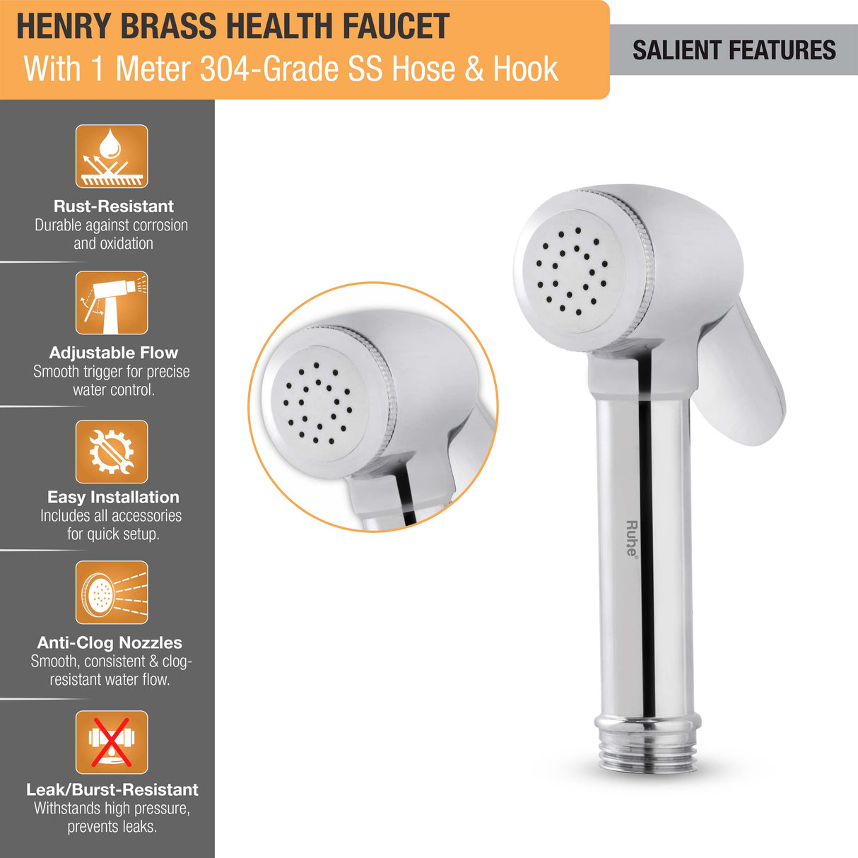 Henry Brass Health Faucet with 1 Meter 304-Grade SS Hose & Hook