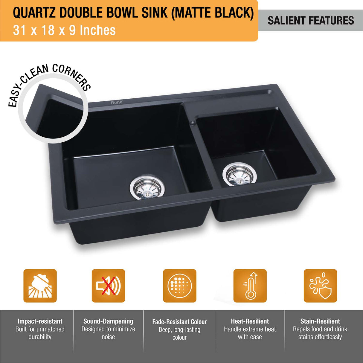 Matte Black Quartz Double Bowl Kitchen Sink (31 x 18 x 9 inches) - by Ruhe