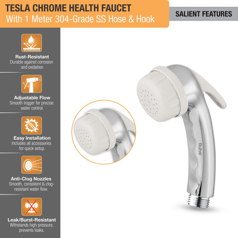 Tesla Chrome Health Faucet with 1 Meter 304-Grade SS Hose & Hook