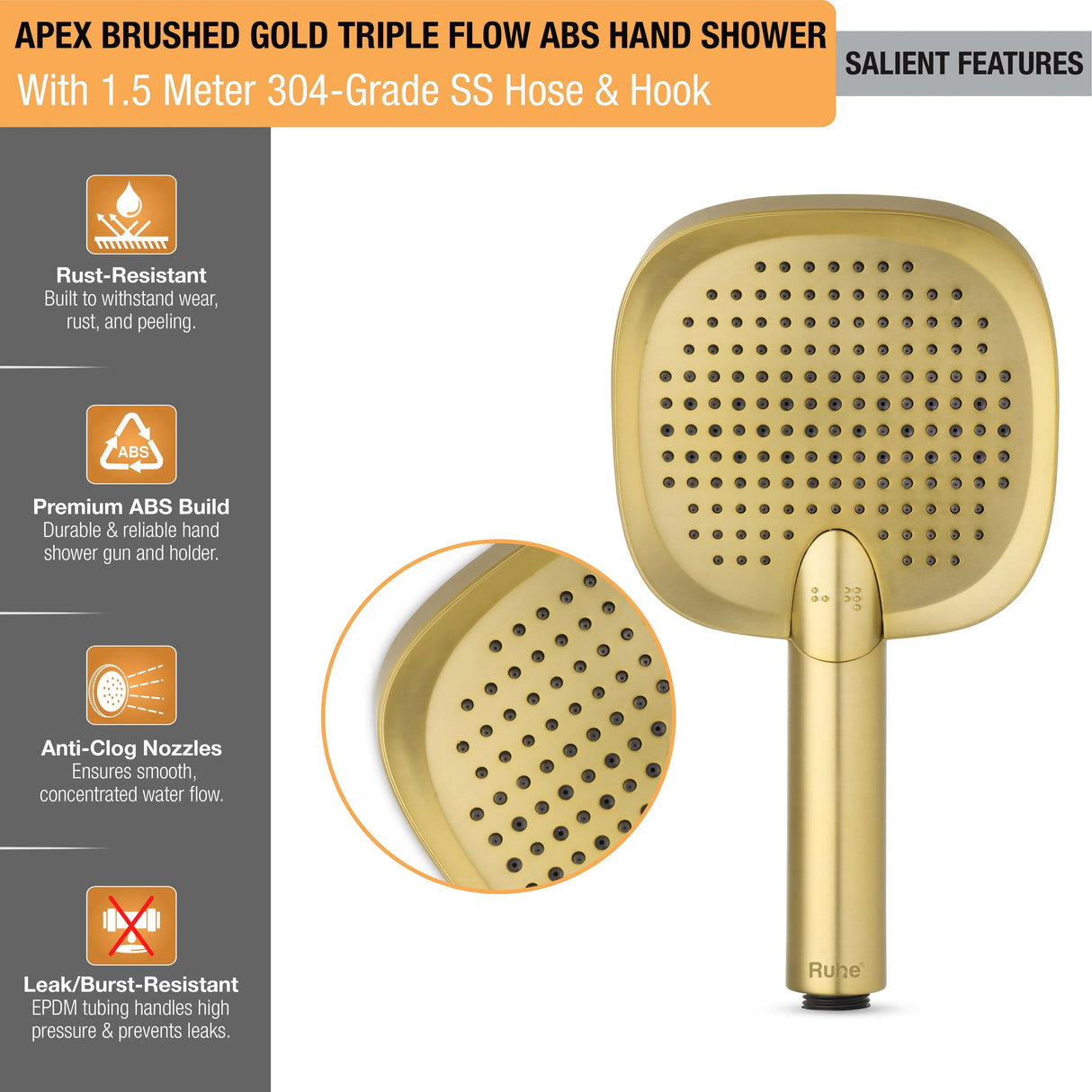 Apex Multiflow Hand Shower with 304-grade SS Hose & Hook