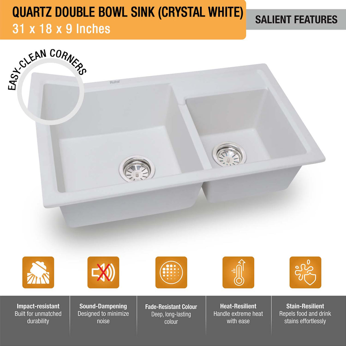 Crystal White Quartz Double Bowl Kitchen Sink (31 x 18 x 9 inches) - by Ruhe