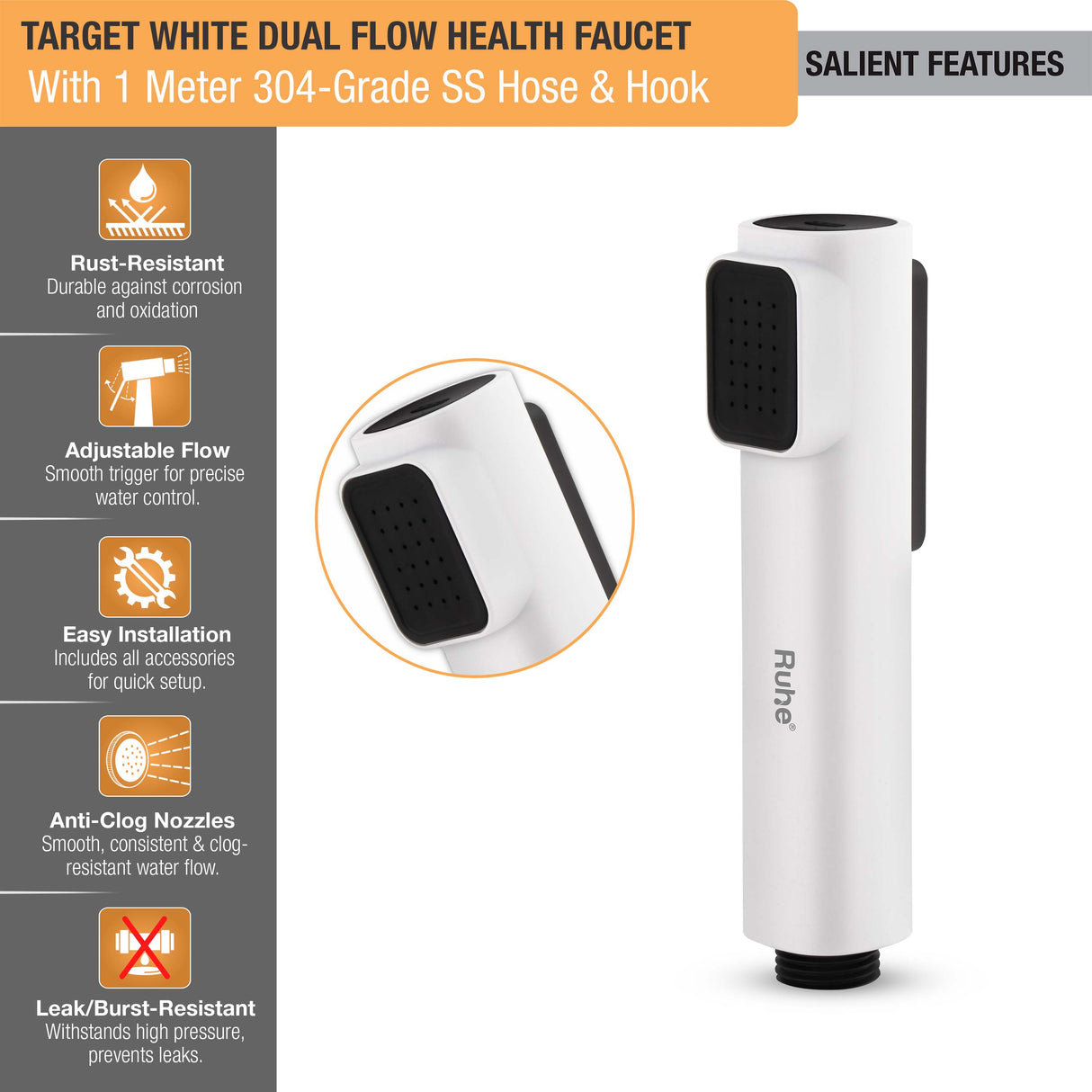 Target White Health Faucet with Dual Flow and 1 Meter 304-Grade SS Hose & Hook