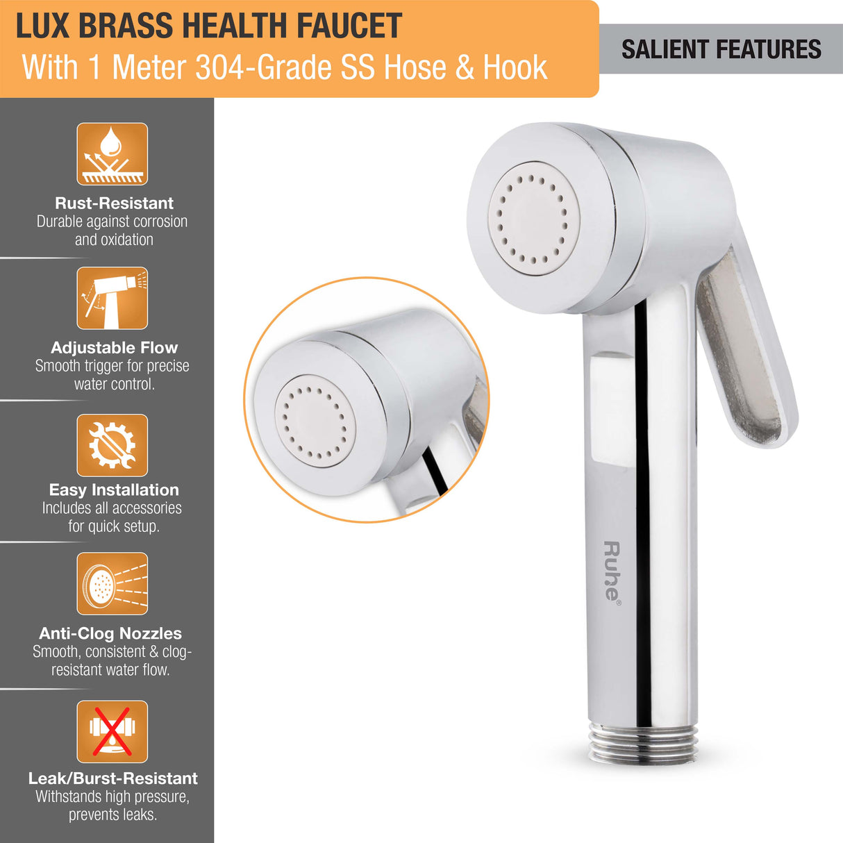Lux Brass Health Faucet with 1 Meter 304-Grade SS Hose & Hook