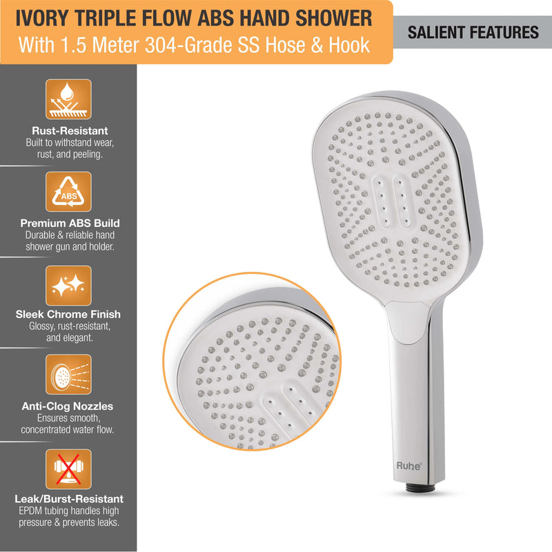 Ivory Multiflow Hand Shower with 304-grade SS Hose & Hook