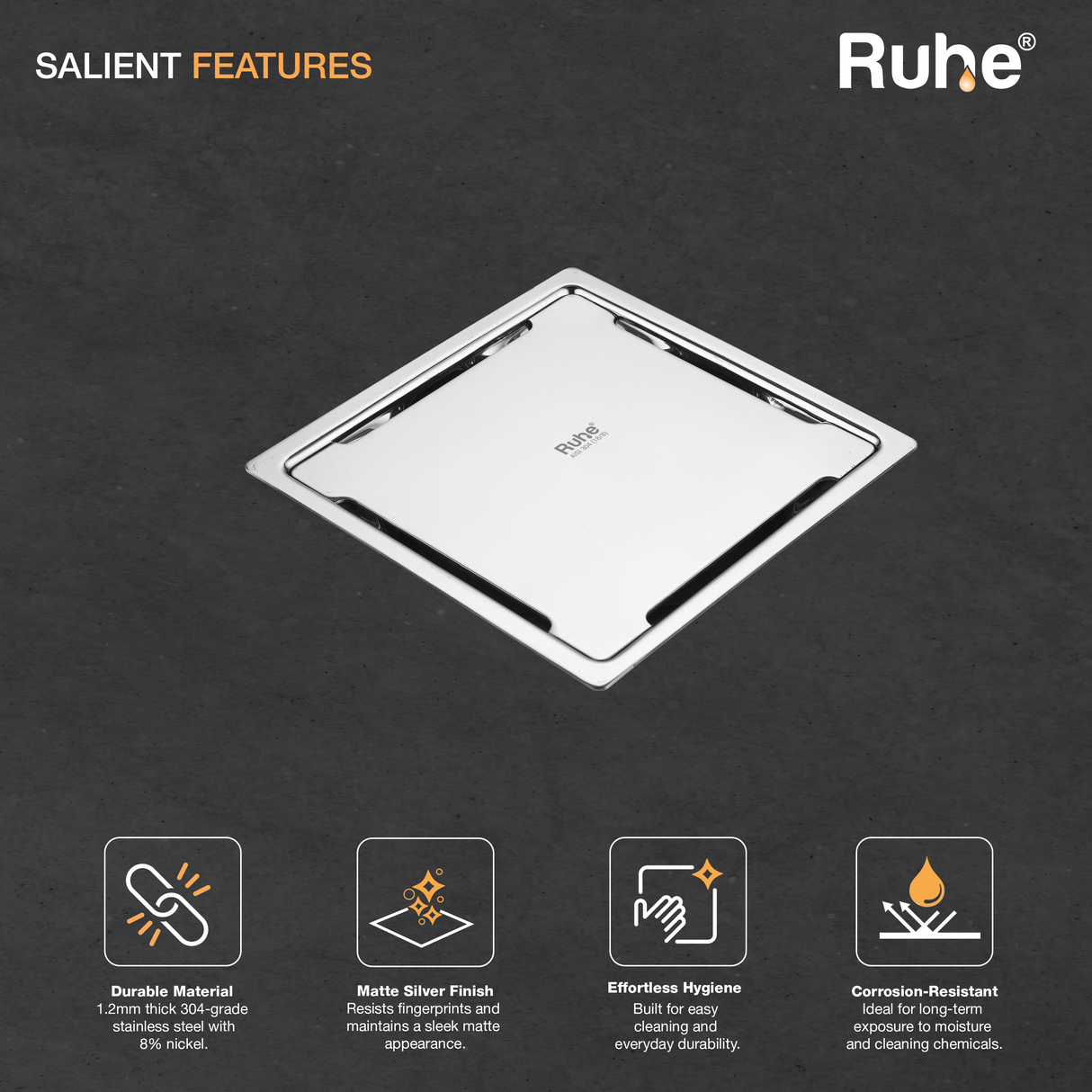 Diamond Square Flat Cut 304-Grade Floor Drain (5 x 5 Inches) - by Ruhe