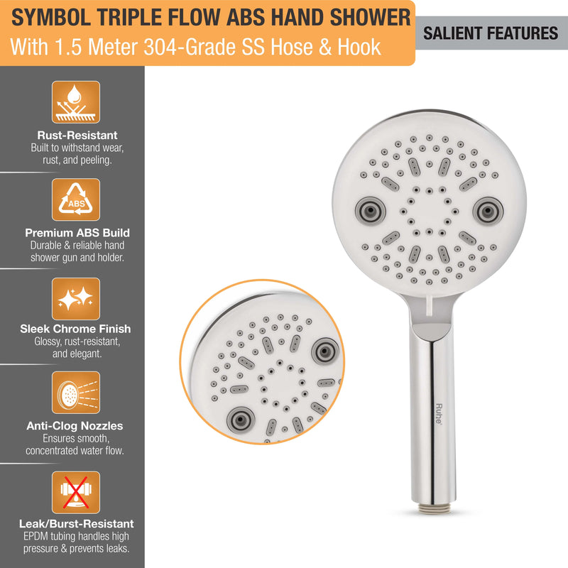 Symbol Triple Flow ABS Hand Shower with 304-grade SS Hose & Hook