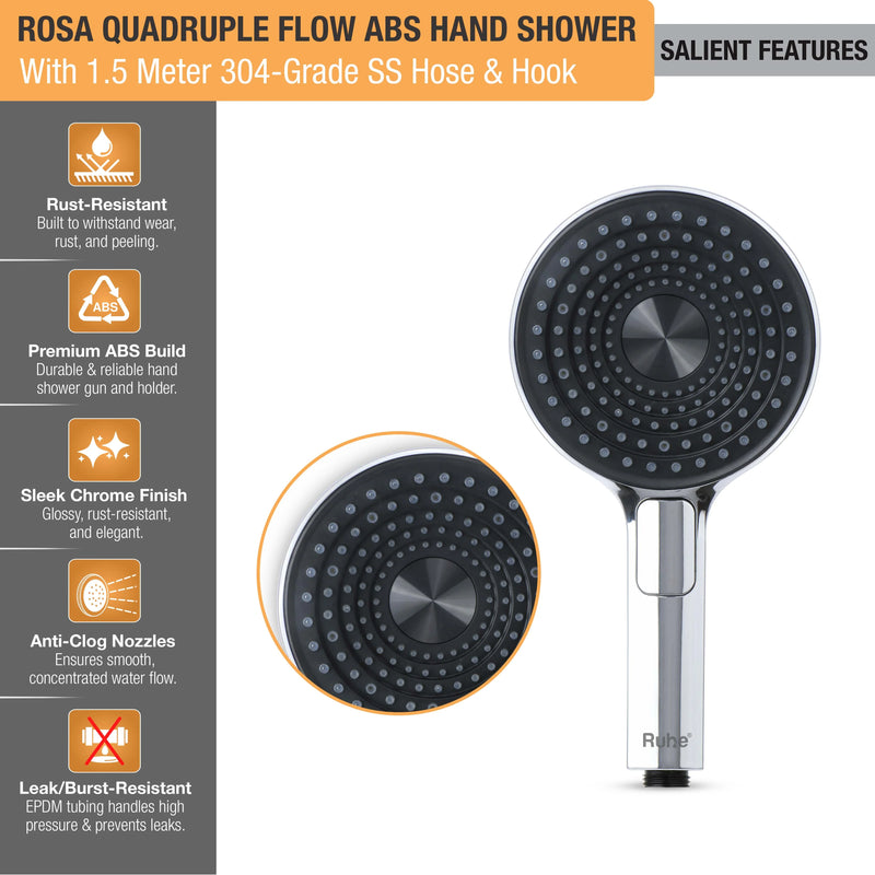 Rosa Multiflow Hand Shower with 304-grade SS Hose & Hook