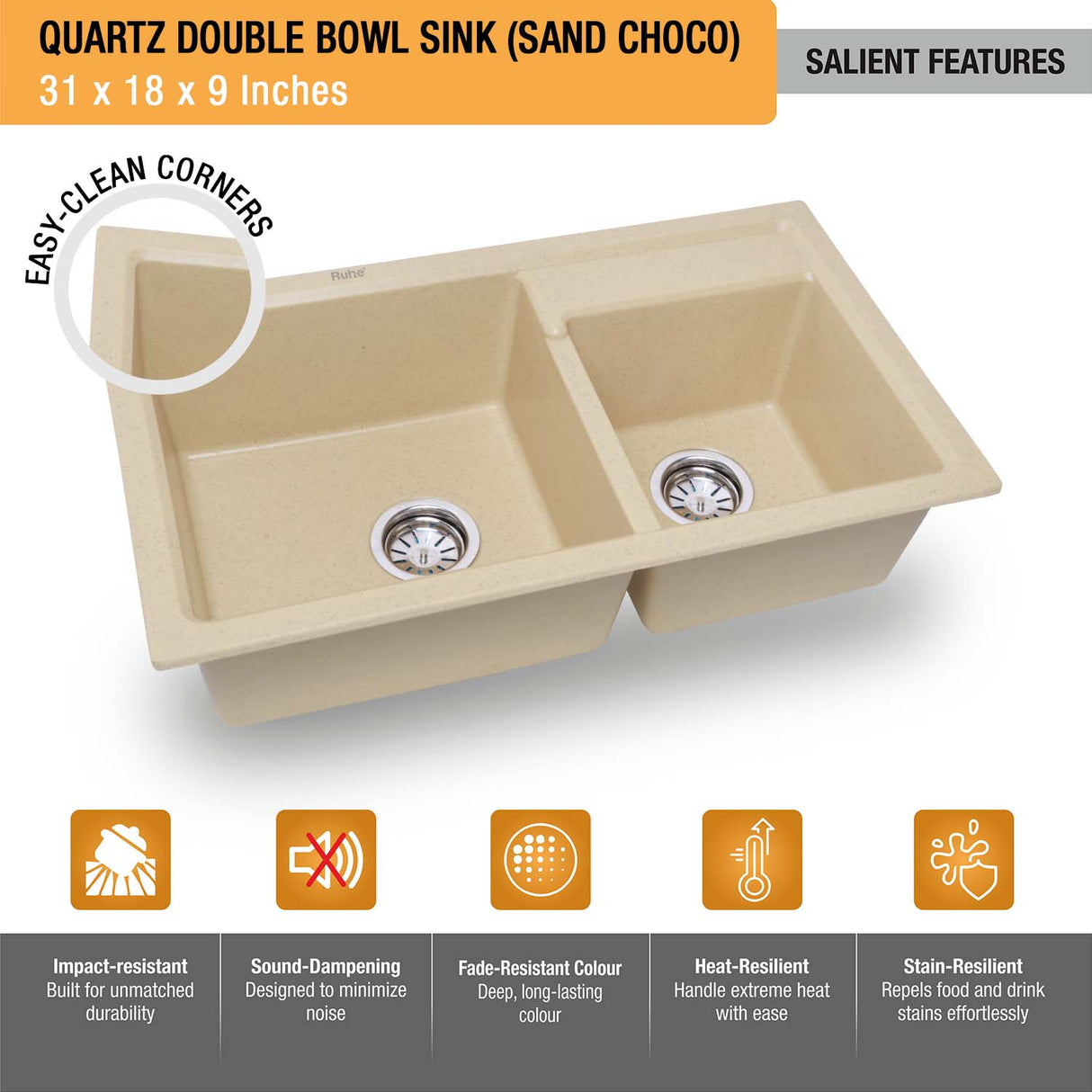 Sand Choco Quartz Double Bowl Kitchen Sink (31 x 18 x 9 inches) - by Ruhe