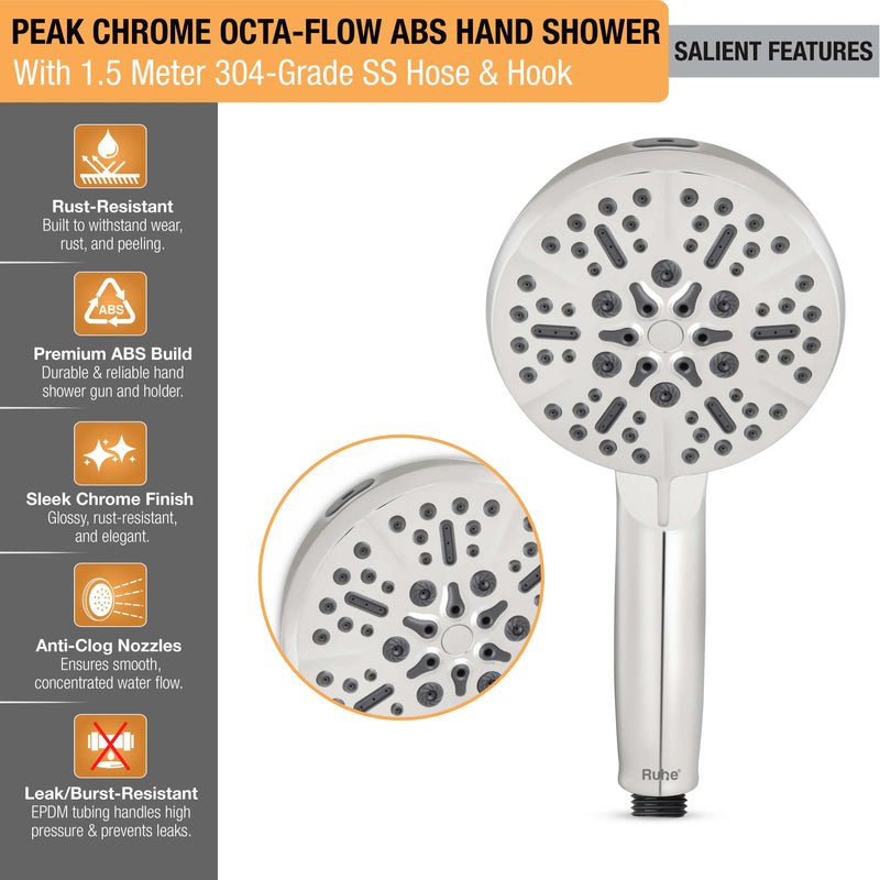 Peak Multiflow Hand Shower with 304-grade SS Hose & Hook