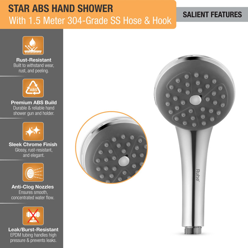 Star ABS Hand Shower with 304-grade SS Hose & Hook