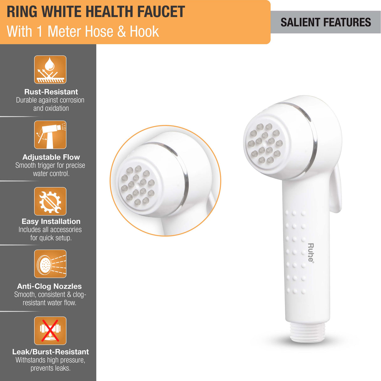 Ring White Health Faucet with 1 Meter Hose & Hook
