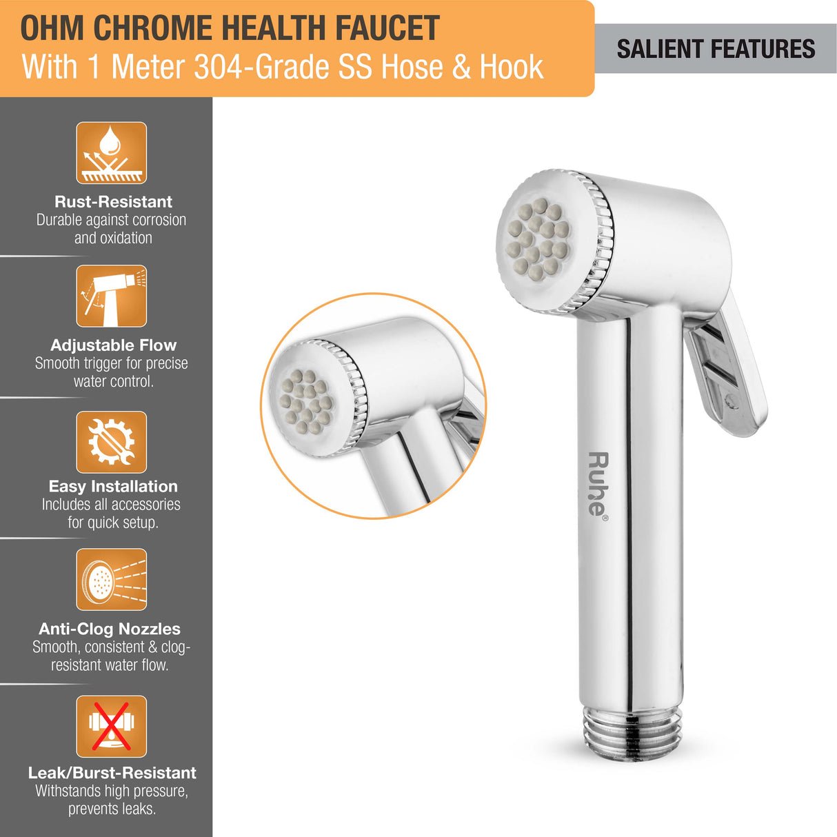 OHM Chrome Health Faucet with 1 Meter 304-Grade SS Hose & Hook