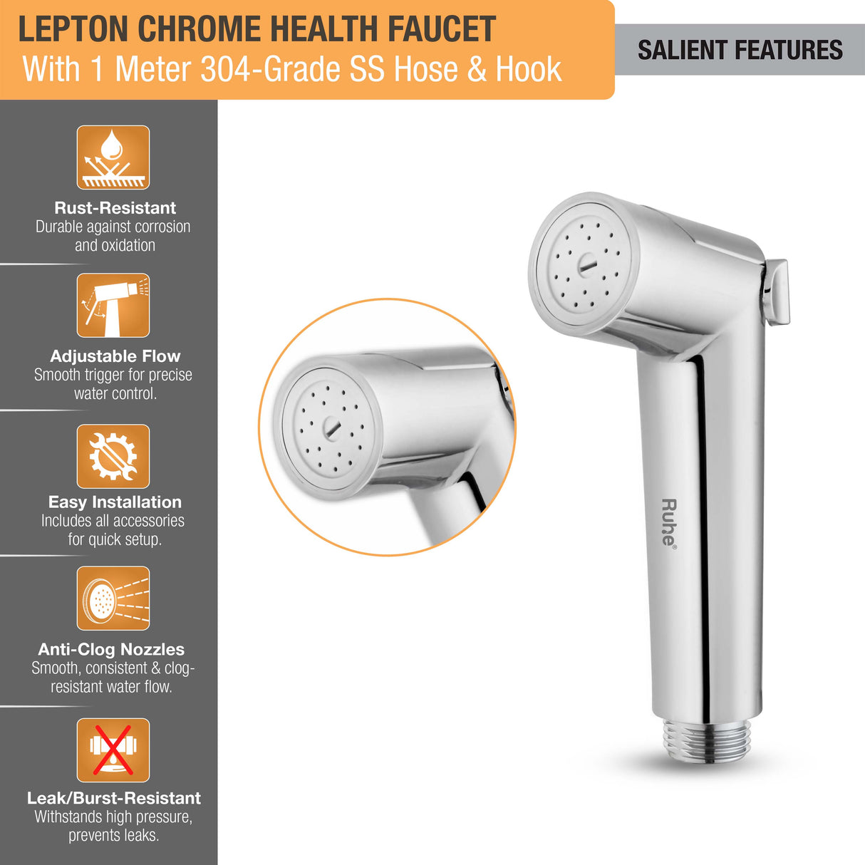 Lepton Chrome Health Faucet with 1 Meter 304-Grade SS Hose & Hook