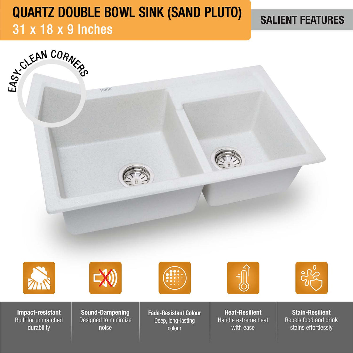 Sand Pluto Quartz Double Bowl Kitchen Sink (31 x 18 x 9 inches) - by Ruhe