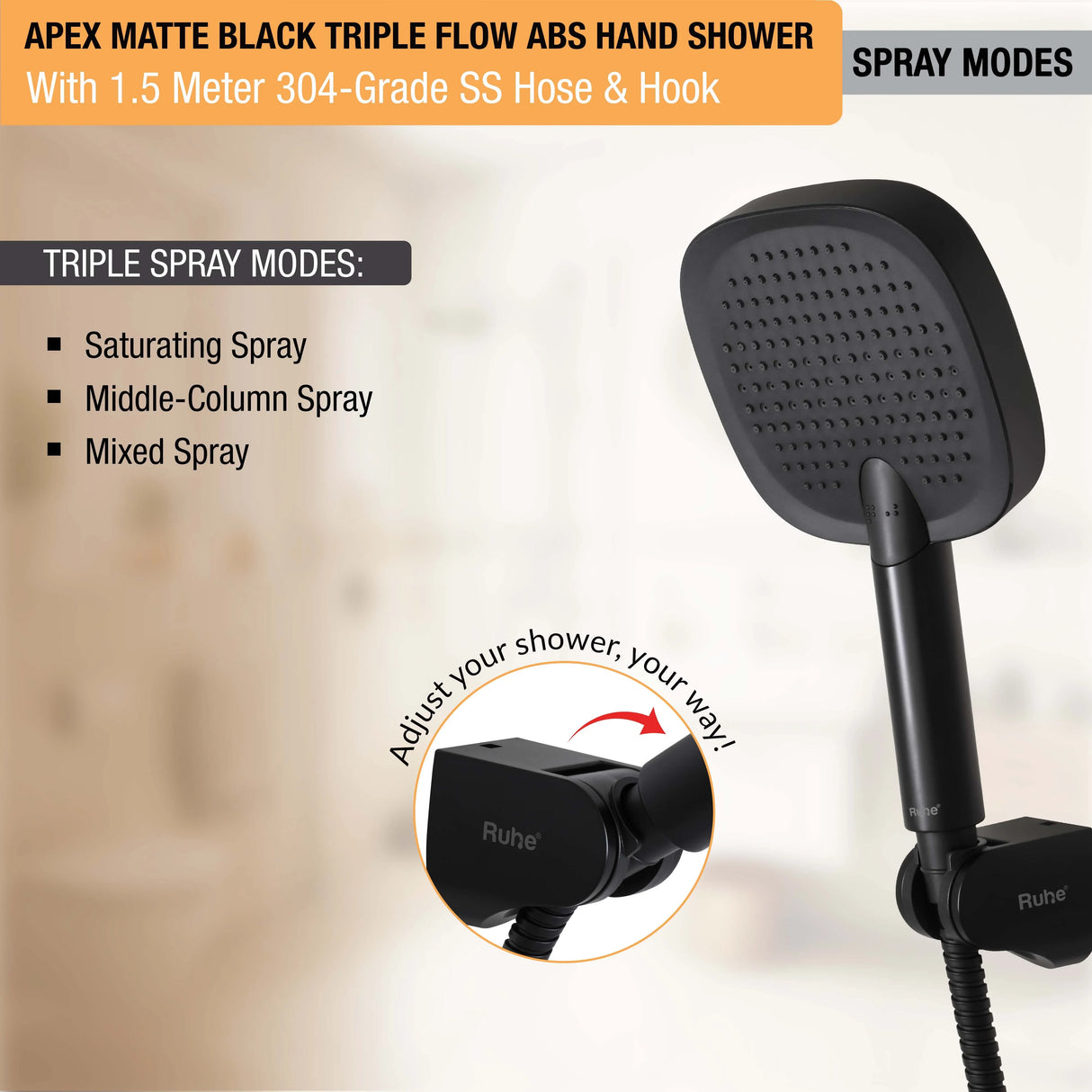 Apex Multiflow Hand Shower with 304-grade SS Hose & Hook
