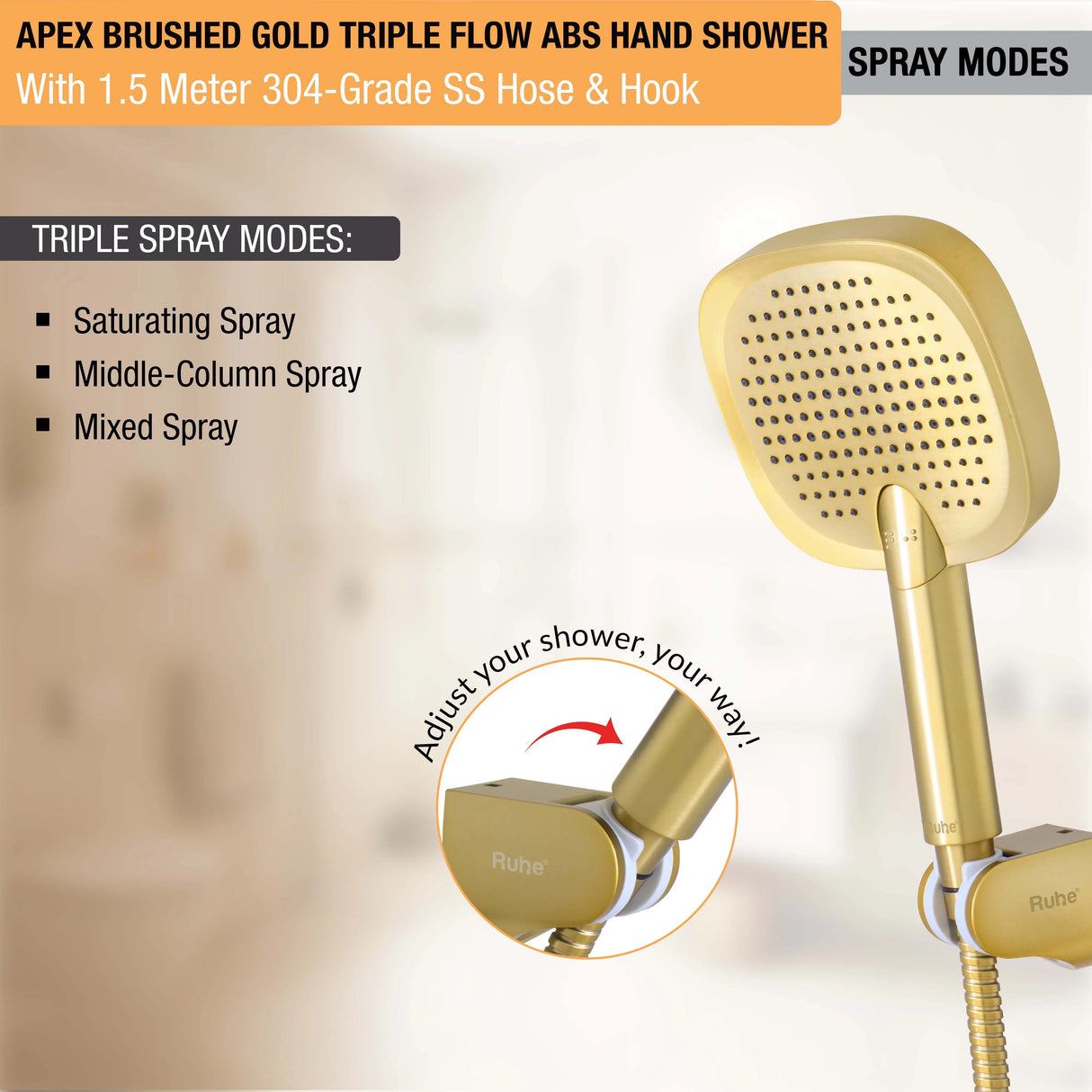 Apex Multiflow Hand Shower with 304-grade SS Hose & Hook