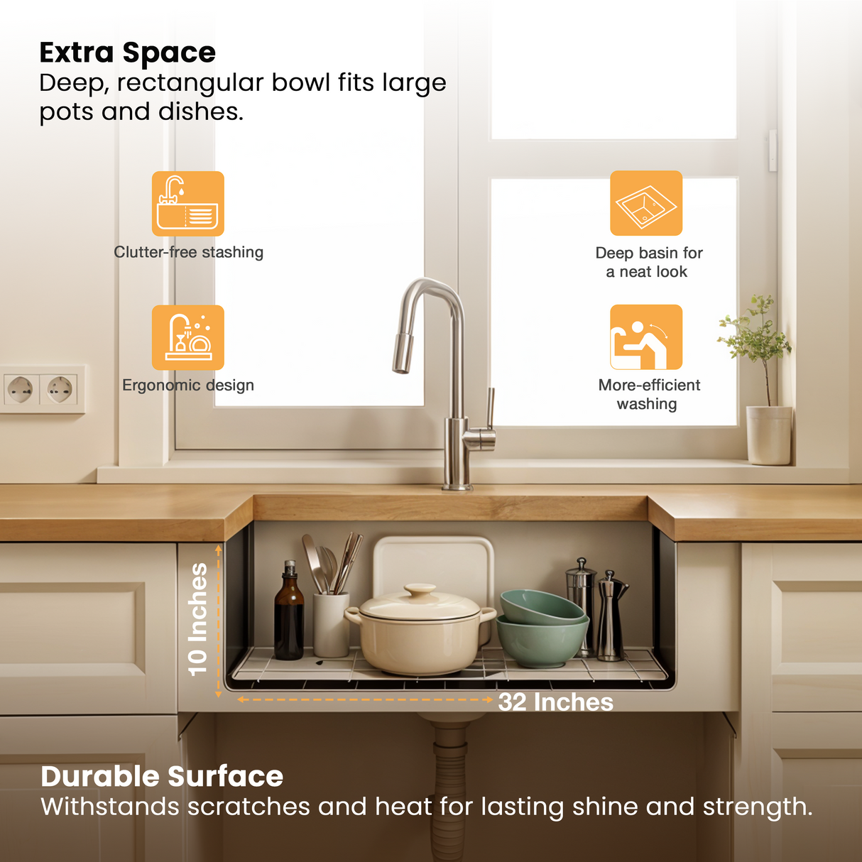 Handmade Single Bowl with Tap Hole Kitchen Sink (32 x 20 x 10 Inches)