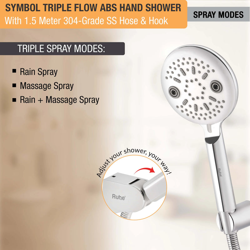 Symbol Triple Flow ABS Hand Shower with 304-grade SS Hose & Hook