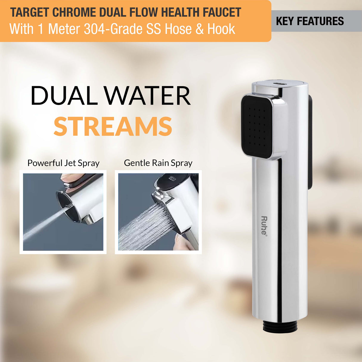Target Chrome Health Faucet with Dual Flow and 1 Meter 304-Grade SS Hose & Hook