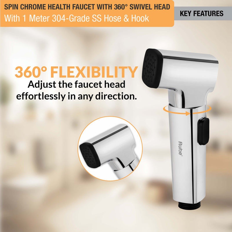 Spin Chrome Health Faucet with 360° Swivel Head and 304-Grade SS Hose & Hook