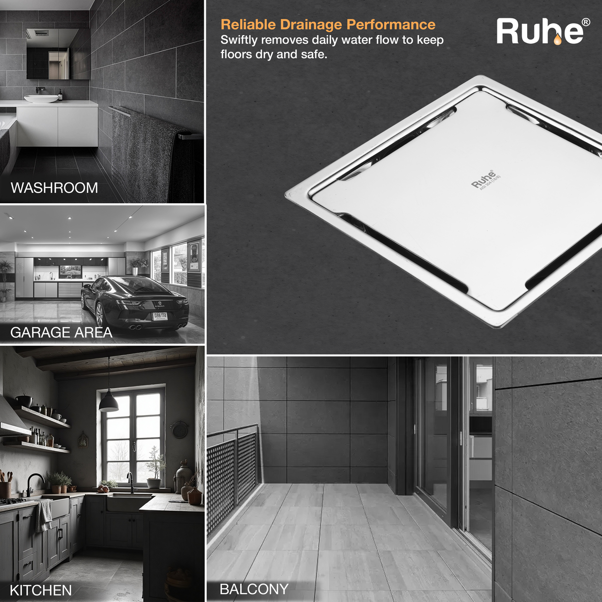 Diamond Square Flat Cut 304-Grade Floor Drain (5 x 5 Inches) - by Ruhe