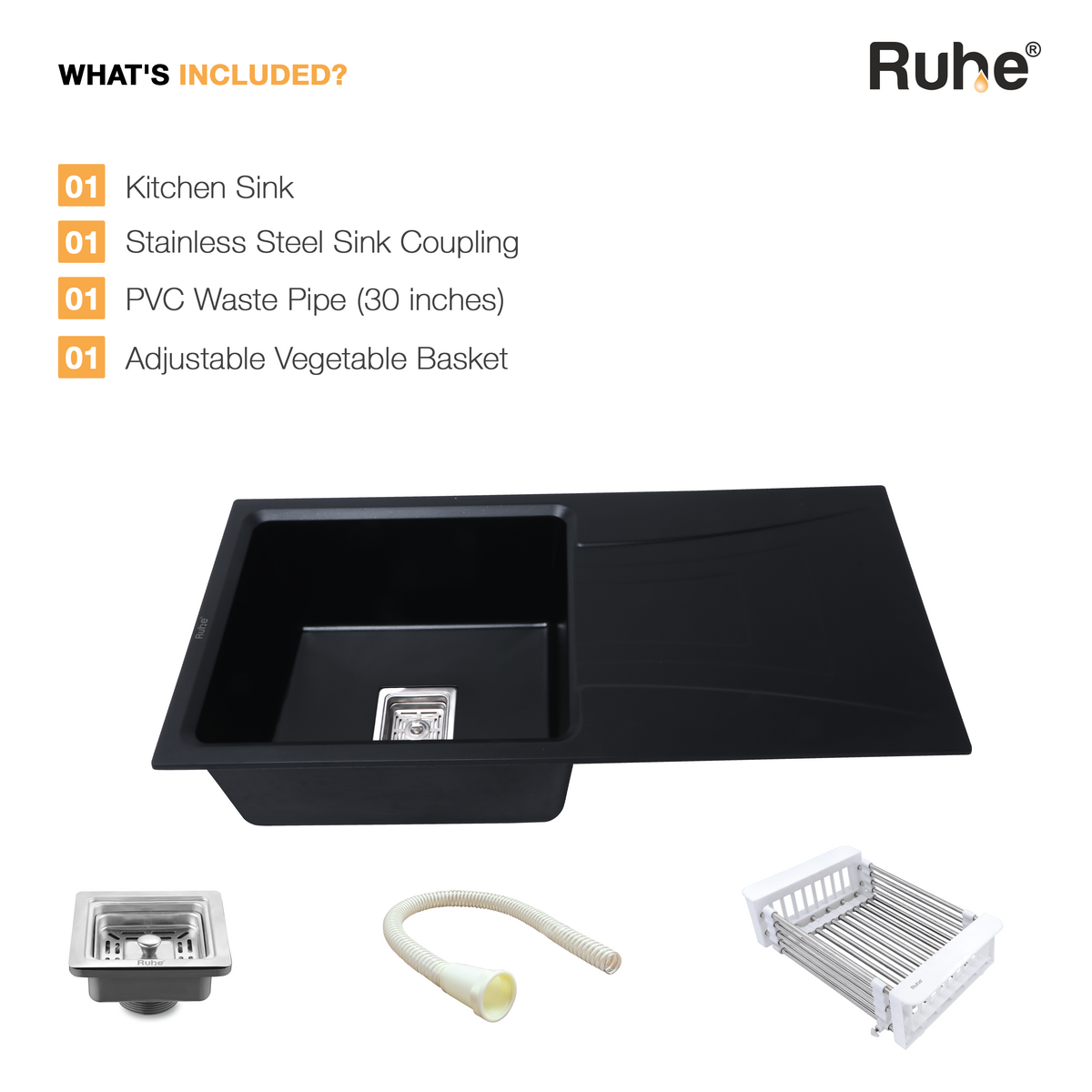 Matte Black Quartz Single Bowl with Drainboard Kitchen Sink (36 x 18 x 9 inches)