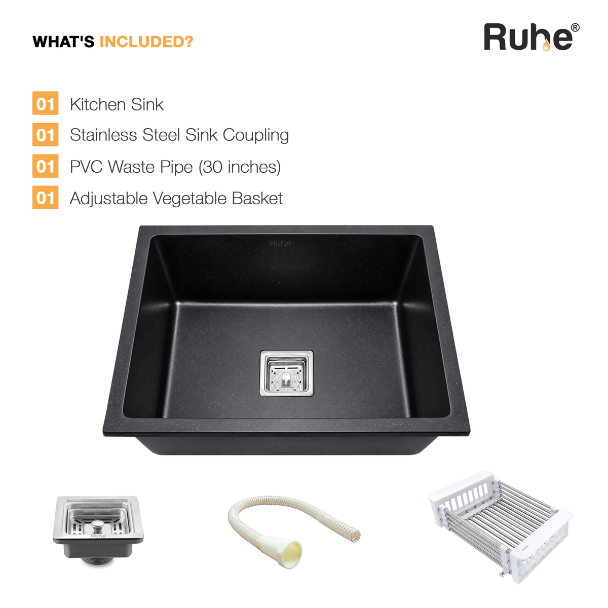 Quartz Single Bowl Kitchen Sink (24 x 18 x 9 Inches) – Matt Black