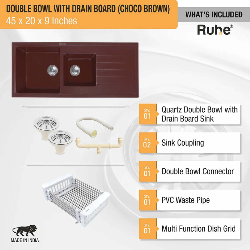 Quartz Double Bowl with Drainboard Kitchen Sink Choco Brown (45 x 20 x 9 inches)