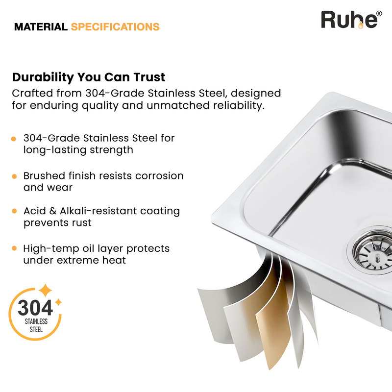 Single Bowl Kitchen Sink 304-Grade (15 x 12 x 6 Inches)