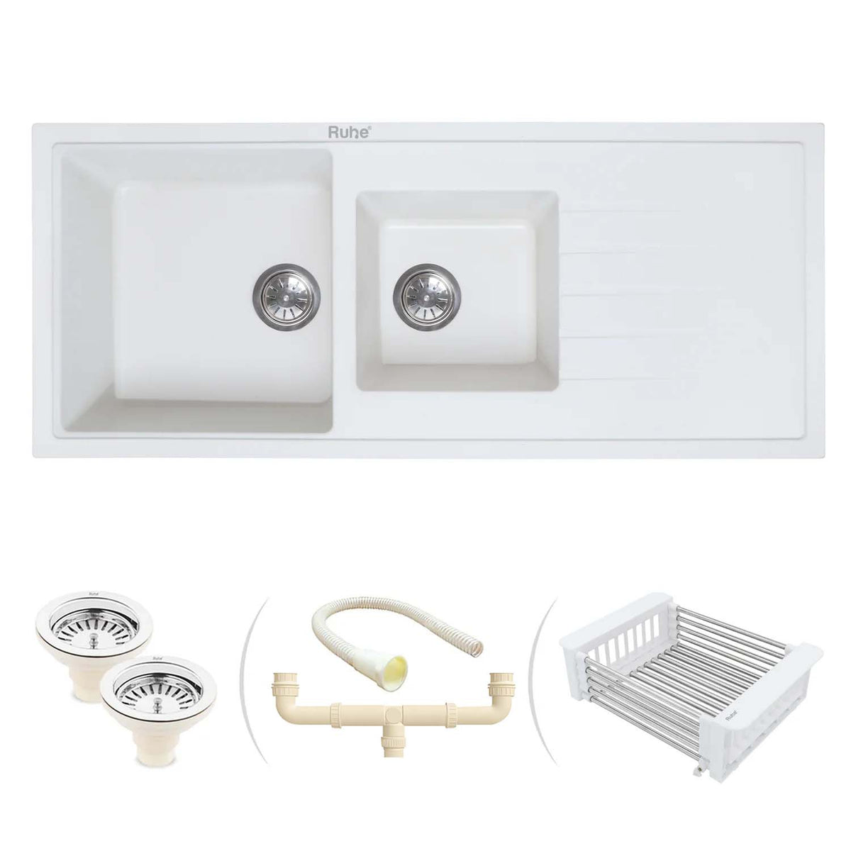 Quartz Double Bowl with Drainboard Kitchen Sink Crystal White (45 x 20 x 9 inches)