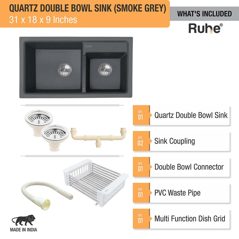 Quartz Double Bowl Kitchen Sink (31 x 18 x 9 Inches)