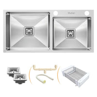Handmade 304-Grade Double Bowl Kitchen Sink with Tap Hole (42 x 20 x 10 Inches) – Matt Steel