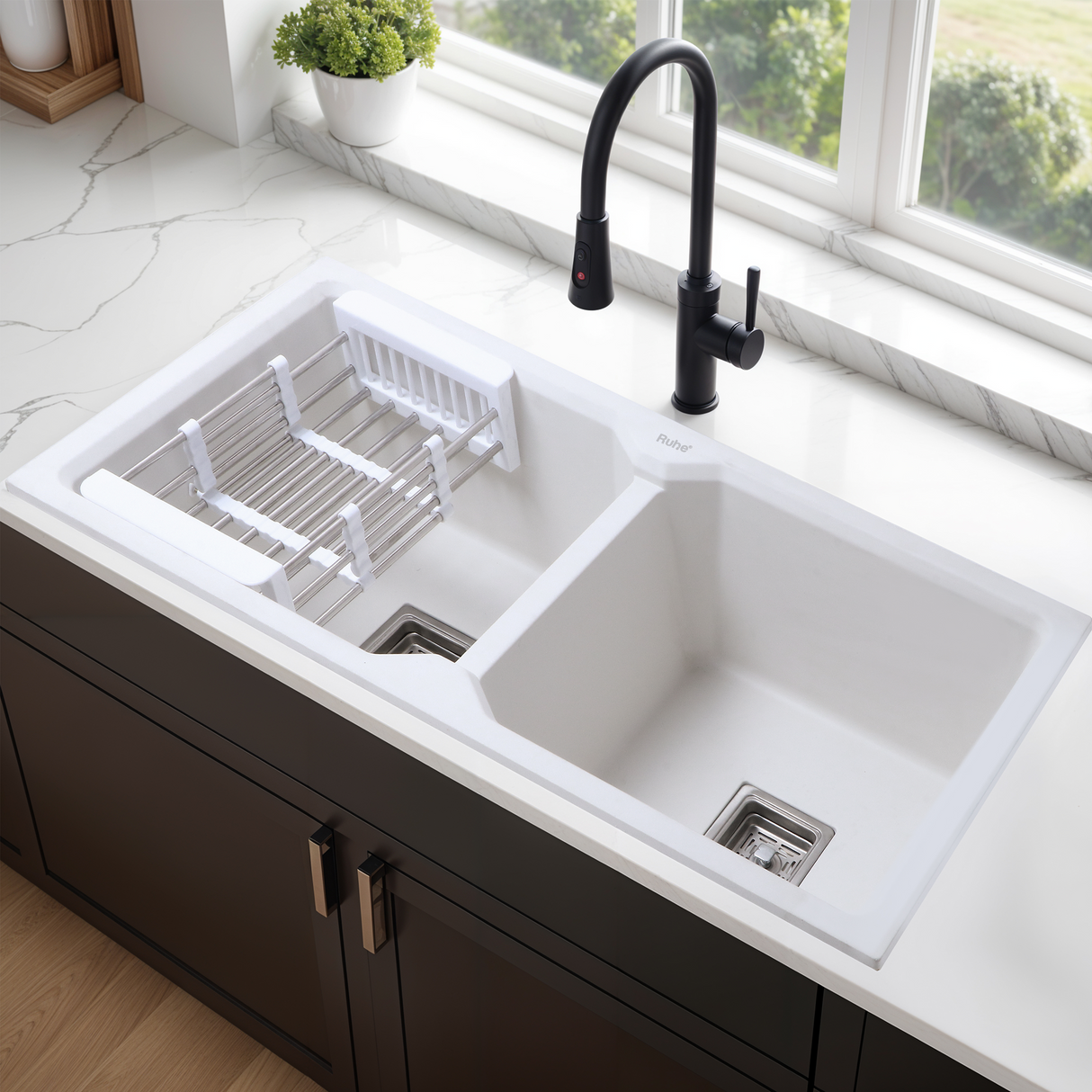 Quartz Double Bowl Kitchen Sink (37 x 18 x 9 Inches)