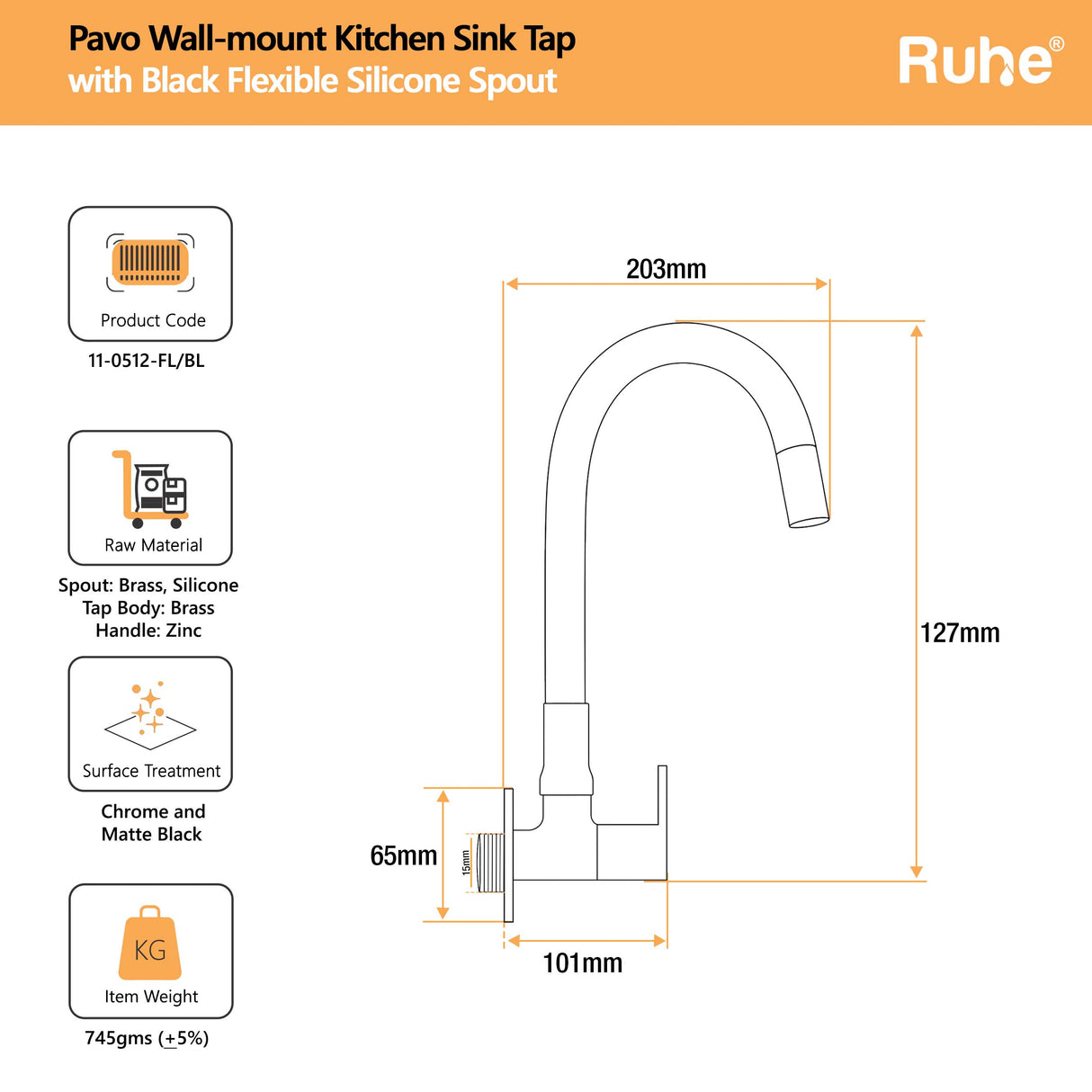 Pavo Wall Mount Kitchen Sink Tap with Coloured Flexible Silicone Spout