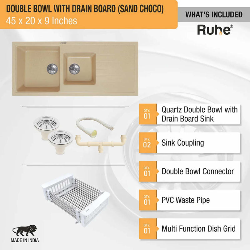 Quartz Double Bowl with Drainboard Kitchen Sink Crystal White (45 x 20 x 9 inches)