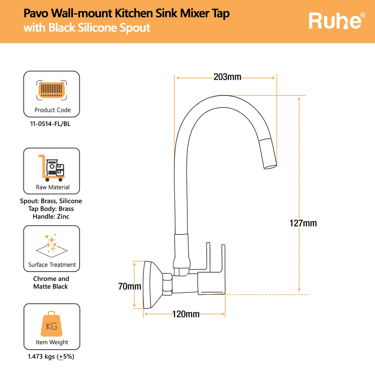Pavo Wall Mount Kitchen Sink Mixer Tap with Coloured Flexible Silicone Spout