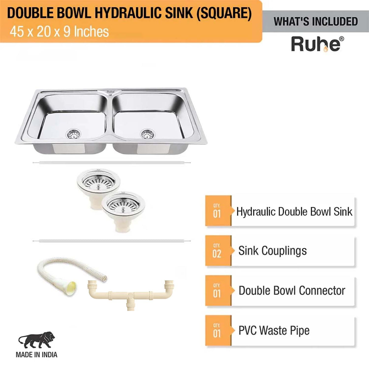 Double Bowl Kitchen Sink (45 x 20 x 9 Inches)