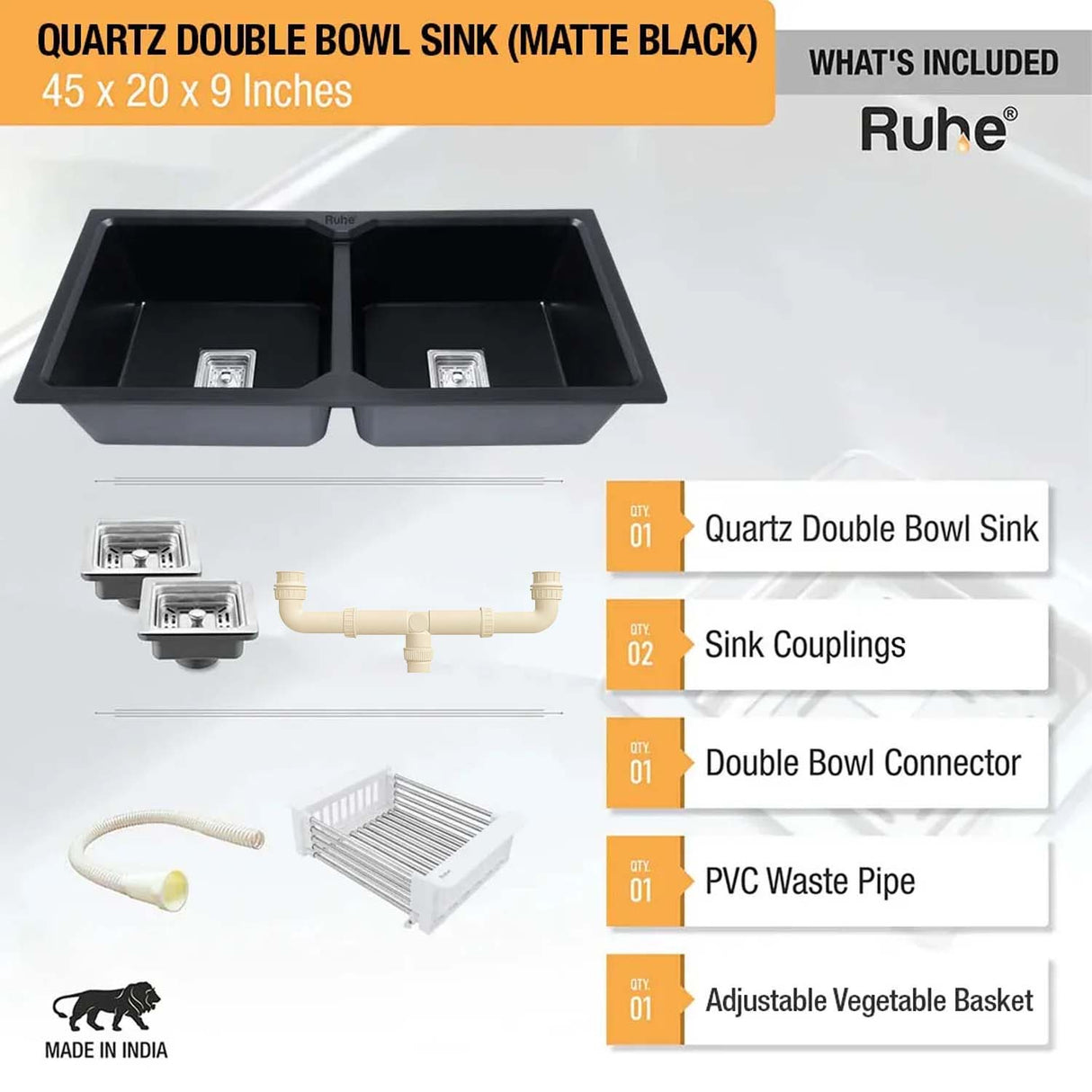 Quartz Double Bowl Kitchen Sink (45 x 20 x 9 inches)