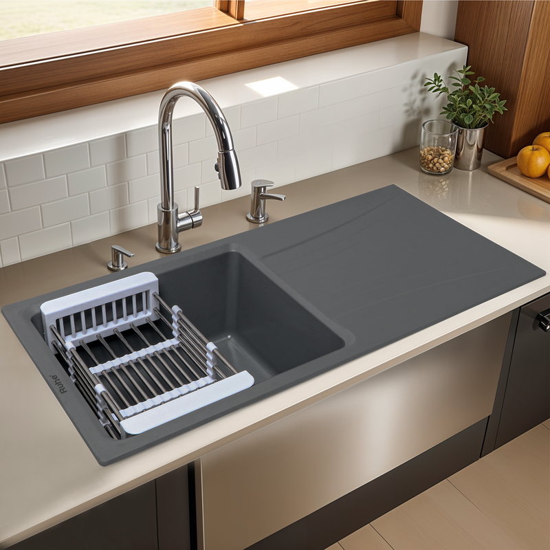 Quartz Single Bowl with Drainboard Kitchen Sink (36 x 18 x 9 Inches)
