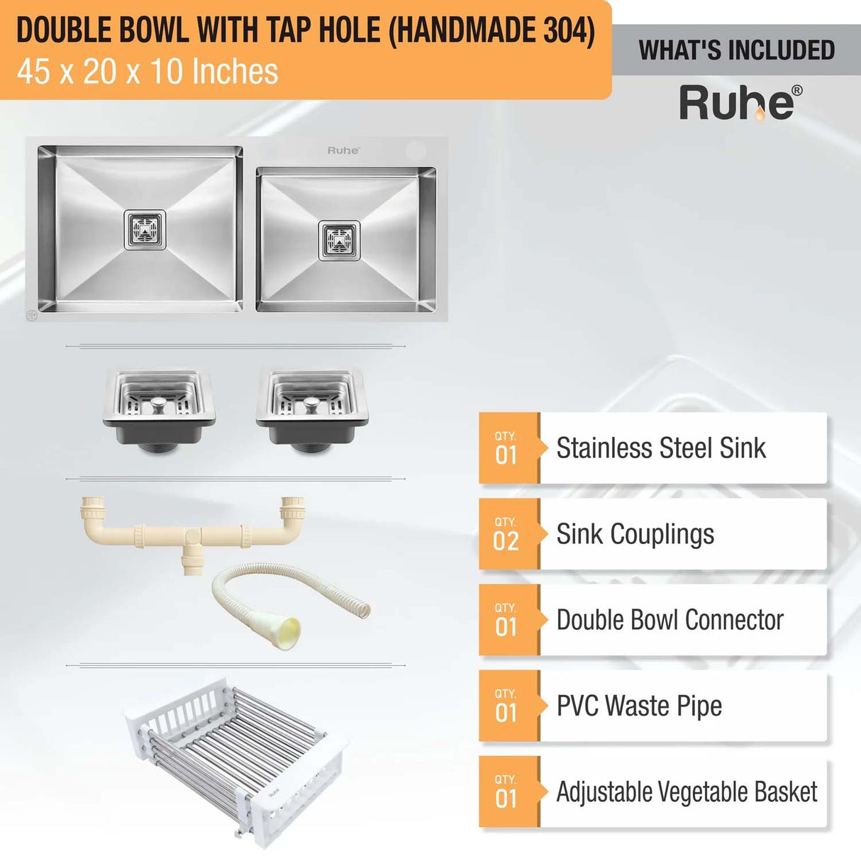 Handmade Double Bowl with Tap Hole Kitchen Sink (45 x 20 x 10 Inches)