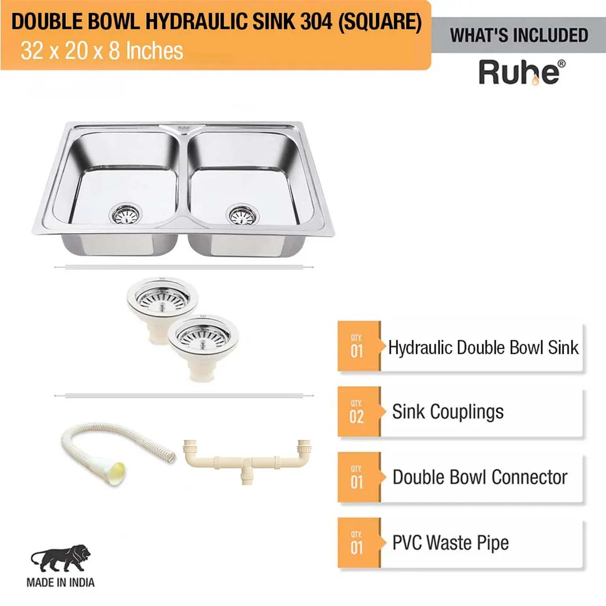 Double Bowl Kitchen Sink (32 x 20 x 8 Inches)