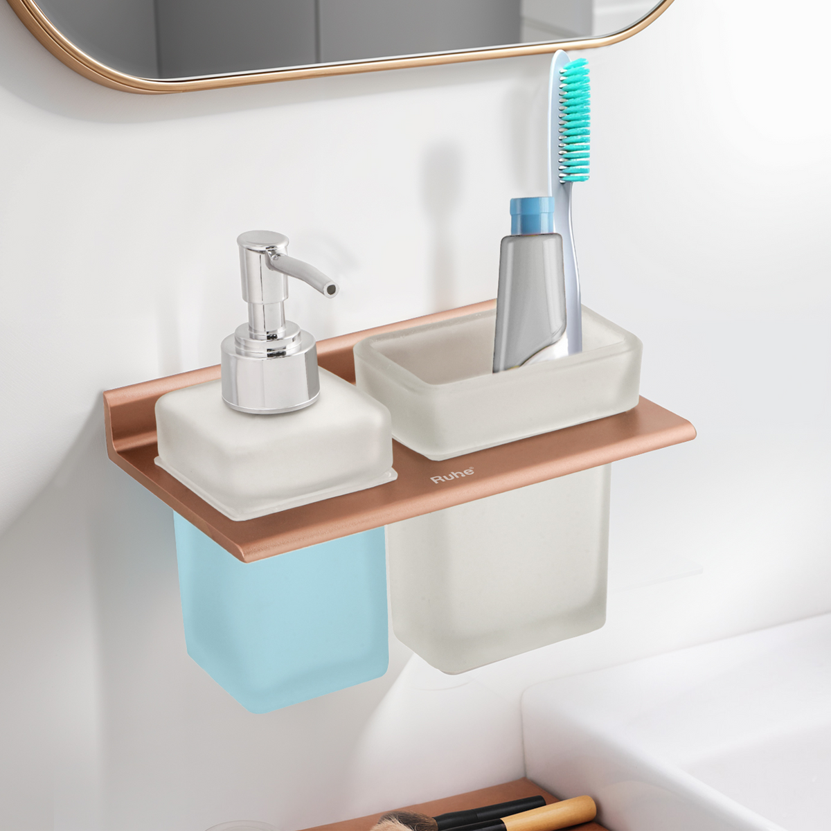 Ember Aluminium Soap Dispenser & Tumbler Holder with Glass Bottle & Tumbler