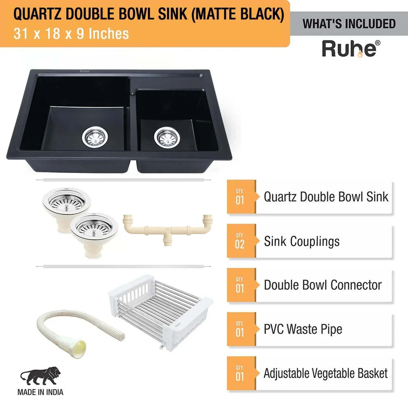 Quartz Double Bowl Kitchen Sink (31 x 18 x 9 Inches)