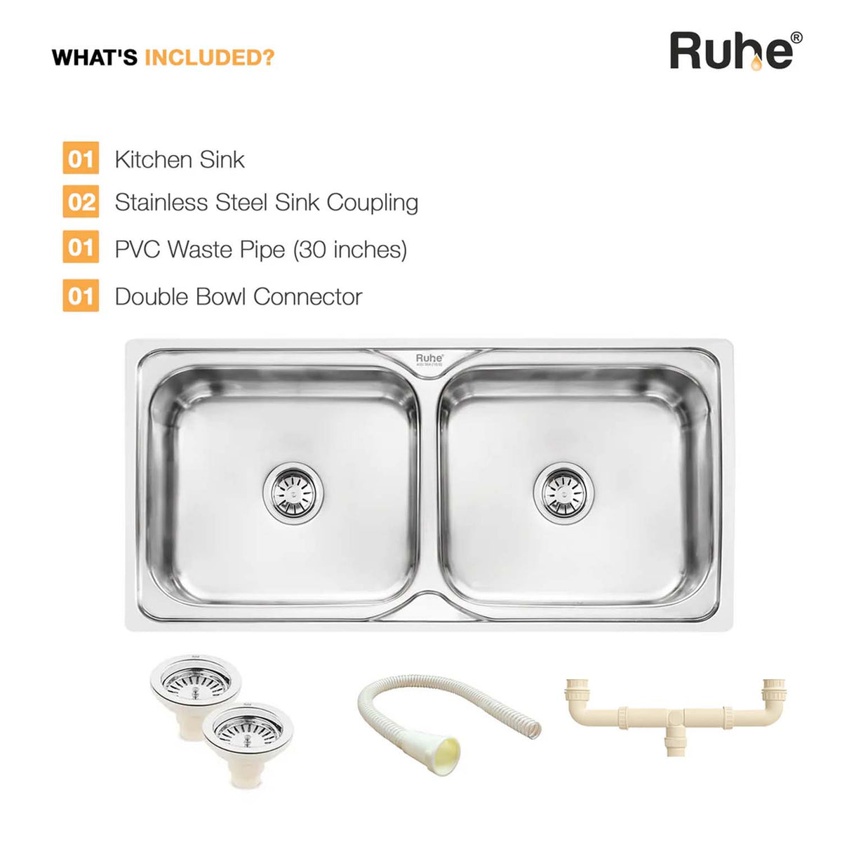 Double Bowl Kitchen Sink 304-Grade (37 x 18 x 8 Inches)