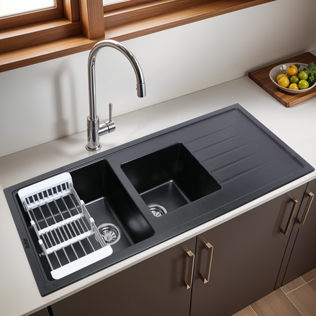 Quartz Double Bowl with Drainboard Kitchen Sink (45 x 20 x 9 inches)