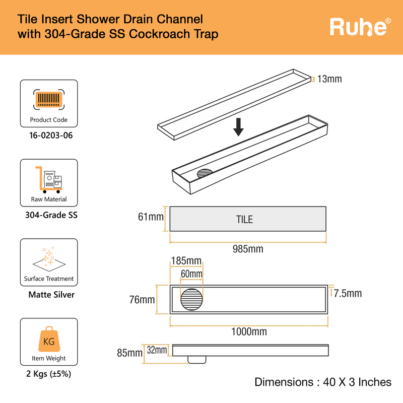 Tile-Insert Shower Drain Channel (3 Inches)